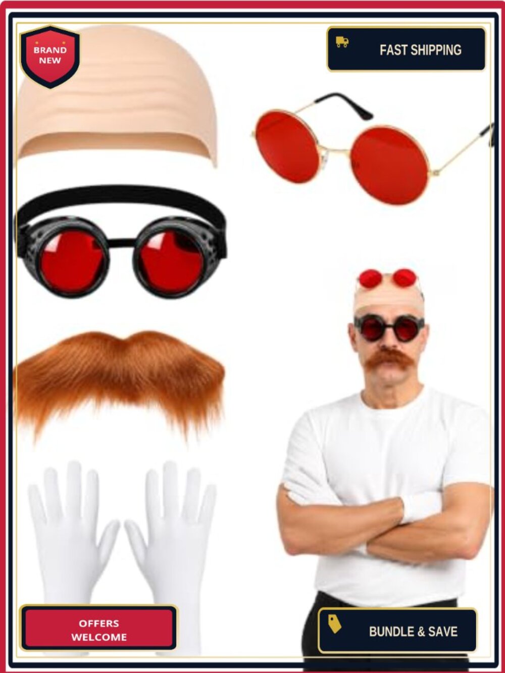 5pc Mad Scientist Villain Costume Accessory Set Bald Cap Goggles Mustache